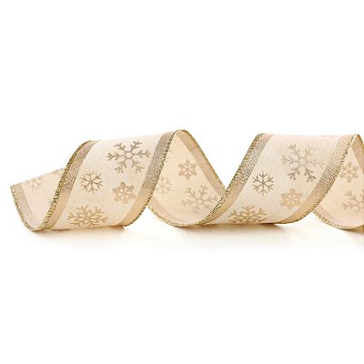 Fita Aramada de Natal Linho Cru com Dourado Desenhos de Flocos de Neve 6,3x914cm - Ref 1042641 Cromus