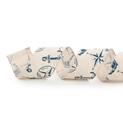 Fita Aramada Linho Cru com Estampas Naval Azul Escuro 6,3X914cm - Ref 1042721 Cromus