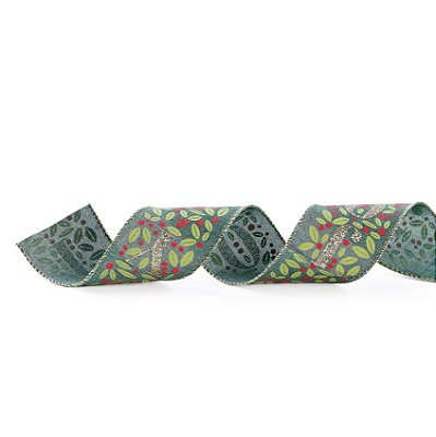 Fita Aramada de Natal Linho Verde Estampa Azevinhos 6,3X914cm - Ref 1117408 Cromus