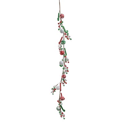 Galho Longo Festão com Enfeites Bolas, Bengalas e Berry Verde, Branco e Vermelho 120cm - Ref 1004985 Cromus