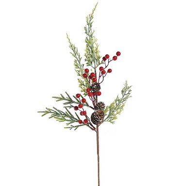 Galho Cipreste com Frutas Vermelhas e Pinhas 60cm - Ref 1069390 Cromus