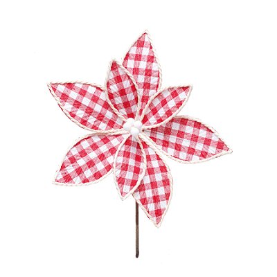 Flor de Natal Poisentia Xadrez Vermelha e Branca com Borda de Palha - Ref 1202050 Cromus
