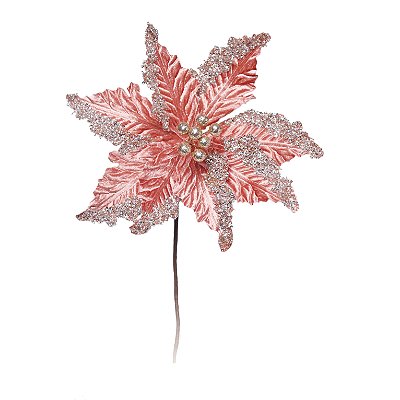 Flor de Natal Poisentia Rosa Chá com Glitter 20cm - Ref 1712325 Cromus
