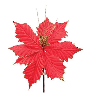Flor de Natal Poisentia de Veludo Vermelha com Gliter Ouro 25cm - Ref 1002780 Cromus