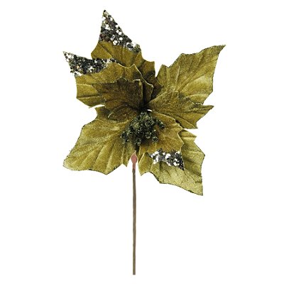 Flor de Natal Poisentia de Veludo Verde com Paetê 20cm - Ref 1058076 Cromus