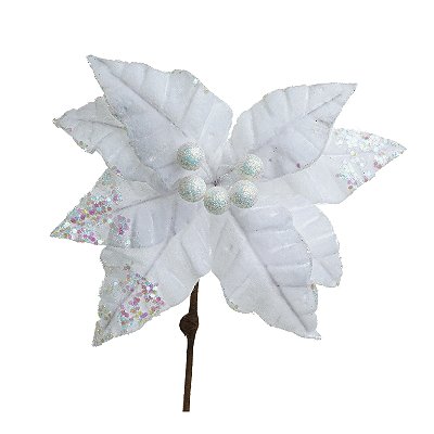 Flor de Natal Poisentia de Veludo Branca com Glitter Holográfico 25cm - Ref 1045069 Cromus