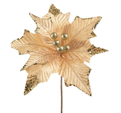 Flor de Natal Poisentia de Veludo Dourado e Creme 30cm - Ref 1089037 Cromus