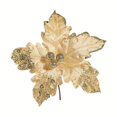Flor de Natal Poisentia Dourada de Veludo com Glitter 13cm - Ref 1069535 Cromus