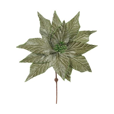 Flor de Natal Poisetnia Veludo Verde com Borda Glitter 25cm - Ref 1051484 Cromus