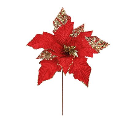 Flor de Natal Poisentia Vermelha de Veludo com Glitter Ouro 26cm - Ref 1032613 Cromus