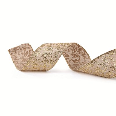 Fita Aramada de Natal Linho Cru com Arabescos Glitter Ouro 6,3x914cm - Ref 1030904 Cromus