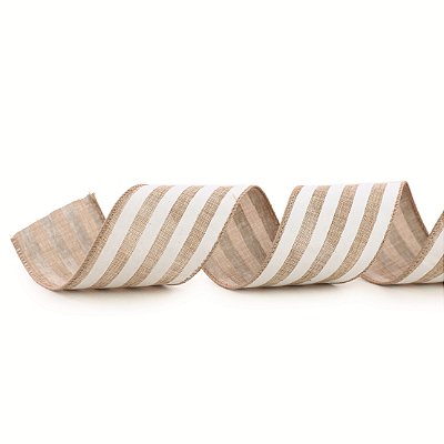 Fita Aramada de Natal Linho Cru com Listras Brancas 6,3x914cm - Ref 1056628 Cromus