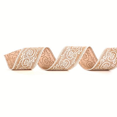 Fita Aramada de Linho Cru com Arabescos Brancos 6,3x914cm - Ref 1069879 Cromus
