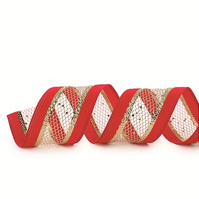 Fita Aramada de Natal Vermelha com Tira Tela Vazada Glitter Dourado 6,3x9,14cm - Ref 1053027 Cromus