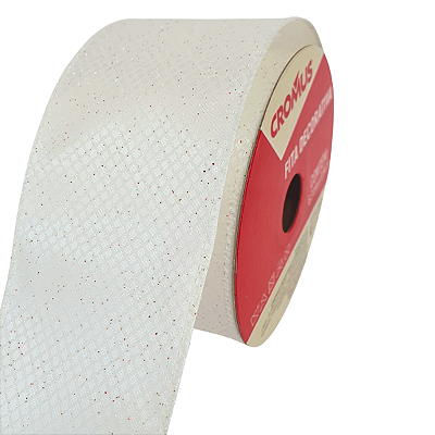 Fita Aramada de Natal Branca Quadriculada com Glitter 6,3cmx9,14m - Ref 1072217 Cromus