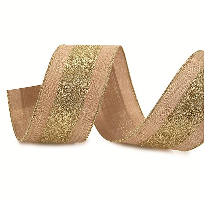 Fita Aramada de Natal Linho com Fitas Metalizadas e Faixa Glitter Dourada 6,3cmx9,14m - Ref 1073420 Cromus