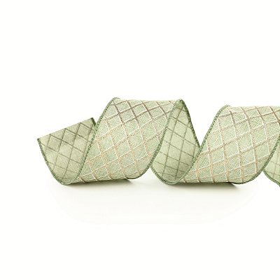 Fita Aramada de Natal Verde Menta com Xadrez Dourado 6,3x914cm - Ref 1069736 Cromus