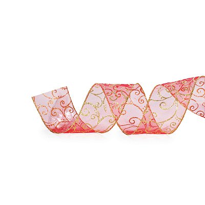 Fita Aramada de Natal Voil Vermelho com Arabesco Dourado 6.3x914cm - Ref 1614244 Cromus