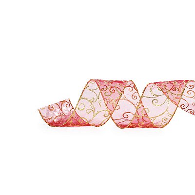 Fita Aramada de Natal Voil Vermelho com Arabesco Dourado 3.8x914cm - Ref 1614245 Cromus