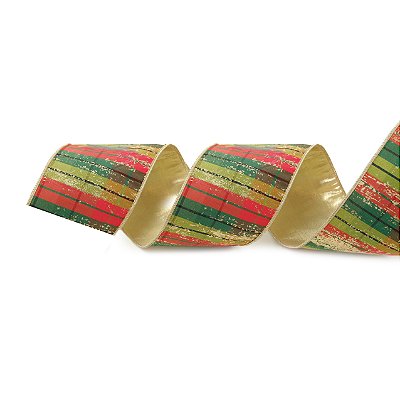 Fita Aramada de Natal Listrado Vermelho, Verde e Detalhes Dourado 10x457cm - Ref 1058355 Cromus