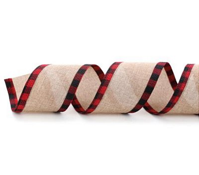 Fita Aramada de Linho Cru com Borda Xadrez Vermelho e Preto 9.14x6.3cm - Ref 1026339 Cromus