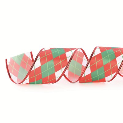 Fita Aramada de Cetim Losangos Verde, Vermelho e Branco 3,8X914CM - Ref 1117481 Cromus