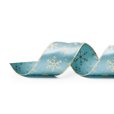 Fita Aramada de Natal Verde Tiffany com Flocos de Neve Dourado 6,3cmx914cm - Ref 1206618 Cromus