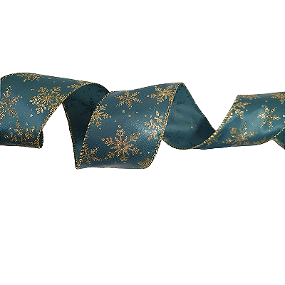 Fita Aramada de Natal Verde Tiffany com Flocos de Neve Dourado 6,3cmx914cm - Ref 1206618 Cromus