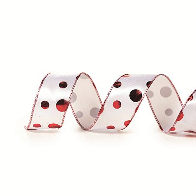 Fita Aramada de Cetim Branca com Poá Vermelho Metal 3,8x914cm - Ref 1641378 Cromus