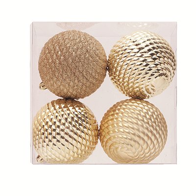 Bolas de Natal Trançadas Dourada Sortida Glitter, Fosco e Brilho 10cm com 4 Un - Ref 1207223 Cromus