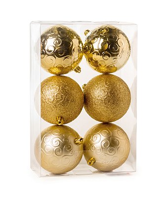 Bolas de Natal Lisa, Glitter e Arabesco Dourada 8cm com 6Un - Ref 1712722 Cromus