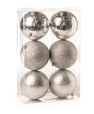 Bolas de Natal Brilho, Matte e Arabesco Prata 10cm com 6 Un - Ref 1712726 Cromus