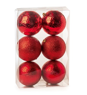 Bolas de Natal Vermelha Brilho, Matte e Glitter Arabesco 8cm com 6un - Ref 1712724 Cromus