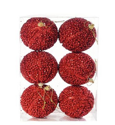 Bolas de Natal Flocado Brilhante Vermelho 10cm com 6Un - Ref 1106461 Cromus