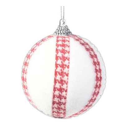 Bolas de Natal Flocado Branco com Listras Xadrez Vermelho 8cm com 6Un - Ref 1106502 Cromus