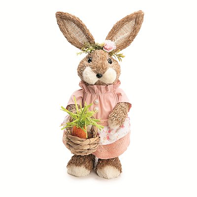 Coelha de Palha em Pé com Cesta de Cenouras e Vestido 40x14x20cm - Ref 1024747 Cromus