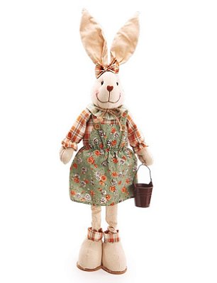 Coelha de Algodão em Pé com Vestido Florido Verde e Laranja 70x20cm - Ref 1019106F Cromus