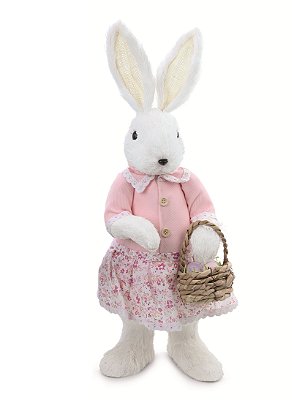 Coelha de Palha Branca com Vestido Rosa e Cesta 63x27x25cm - Ref 1024204F Cromus