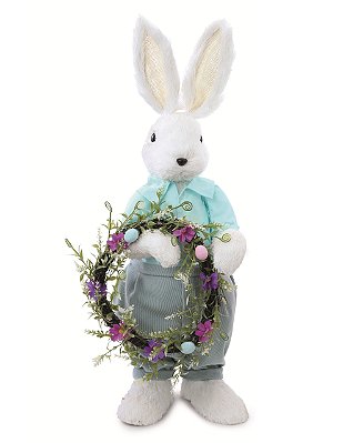 Coelho de Palha Branco em Pé com Roupa Azul Segurando Guirlanda 63x27x25cm - Ref 1024204 Cromus