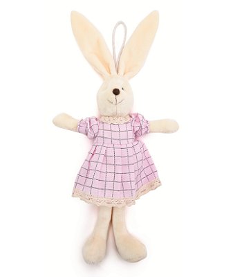 Mini Coelha De Pelúcia com Roupa Quadriculada Rosa 30x15x4cm - Ref 1023209 Cromus