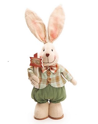 Coelho de Algodão Em Pé com Calça Verde e Placa Feliz Páscoa 45x18x10cm - Ref 1019108 Cromus