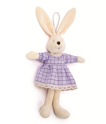 Mini Coelha De Pelúcia com Roupa Quadriculada Lilás 30x15x4cm - Ref 1023209 Cromus