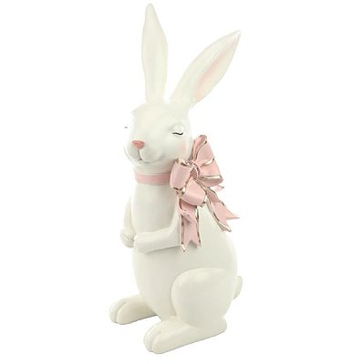 Coelha Branca de Resina Com Laço Rosa no Pescoço 38x14x18cm - Cute Family - Cromus