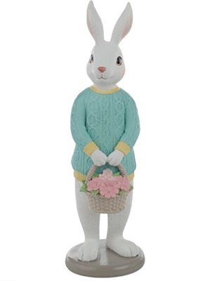 Coelho Branco de Resina com Cesta de Flores 23x7.5cm - Cute Family - Ref 1098986 Cromus