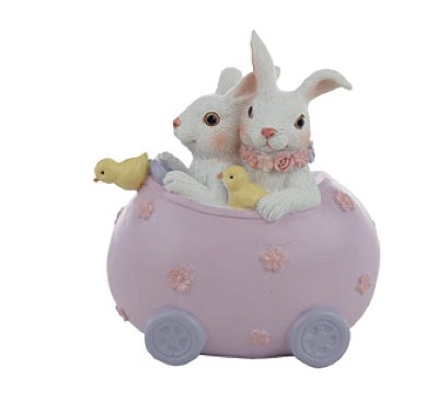 Coelhos de Resina no Carrinho de Ovo Lilas com Pintinhos 11.5x10.5cm - Ref 1098981 Cromus