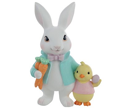 Coelho de Resina Abraçando Pintinho Amarelinho 20x13x8cm - Ref 1094509 Cromus