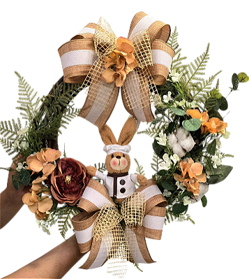 Guirlanda de Páscoa Coelho Chocolate com Flores de Algodão 45x35cm - CCS Decorações