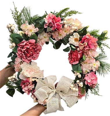 Guirlanda Decorada de Páscoa Flores e Galhos Rosa e Rosê com Laço 45x45cm - CCS Decorações