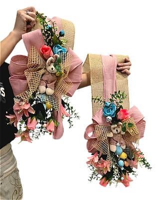 Escapulário de Páscoa Rosa e Cru com acabamento de Mini Coelho 25x150cm - CCS Decorações