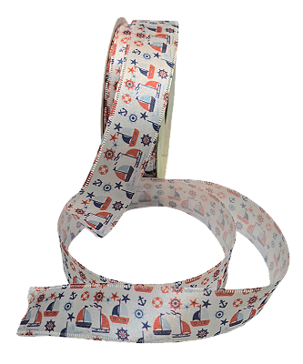 Fita de Cetim Estampa Digital Barcos Marinheiro 25mm com 10 Metros